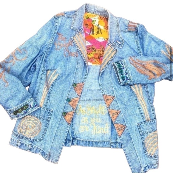 Vintage faded denim, hip-length jean jacket with hand painted and fabric images - Picture 1 of 11